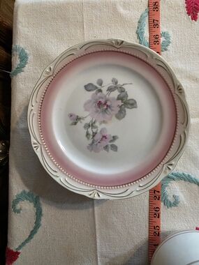 Set Of 5 Vintage German Porcelain 7 Inch Plate with Pink Rim and Floral Center